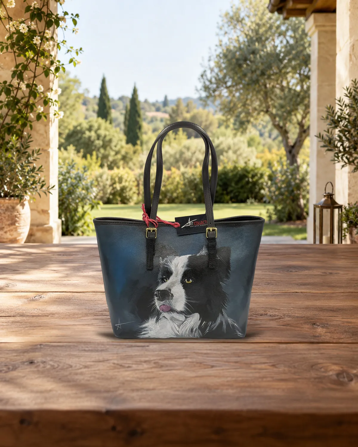 Border collie, borsa dipinta a mano