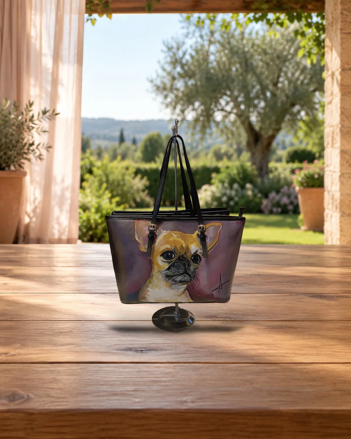 Falbfarbene Bulldogge, handbemalte Tasche