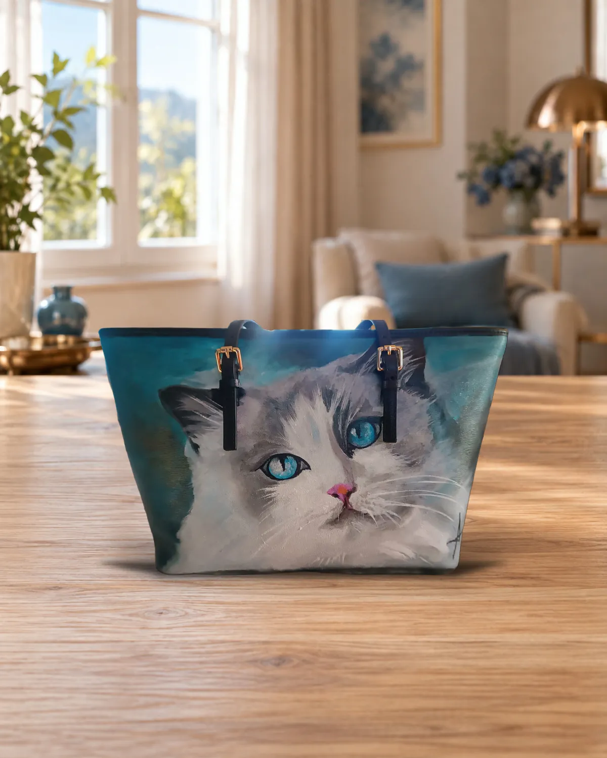 Gatto azzurro, borsa dipinta a mano