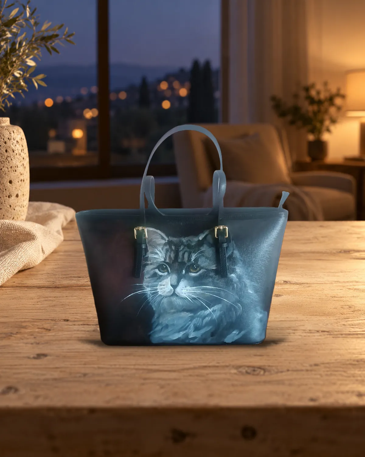 Gato en la noche, bolso pintado a mano