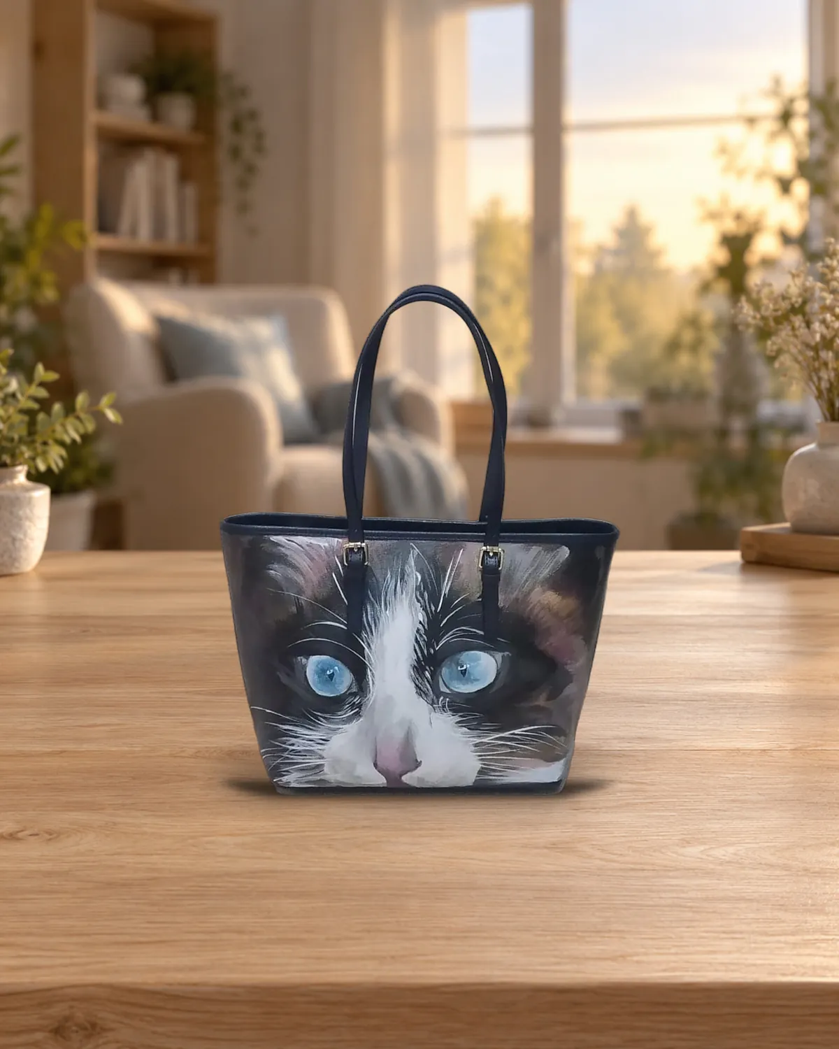 Gatto occhi azzurri, borsa dipinta a mano