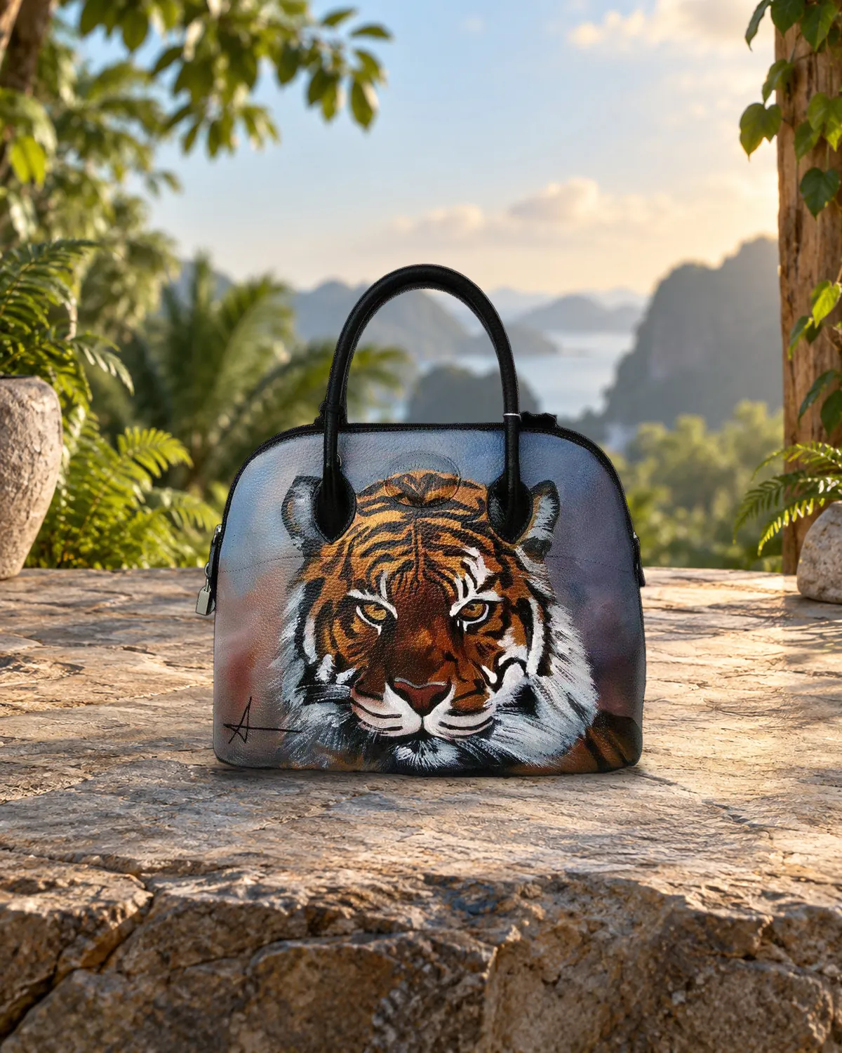 Tiger, hellblaue Bowling-Bag, handbemalte Tasche