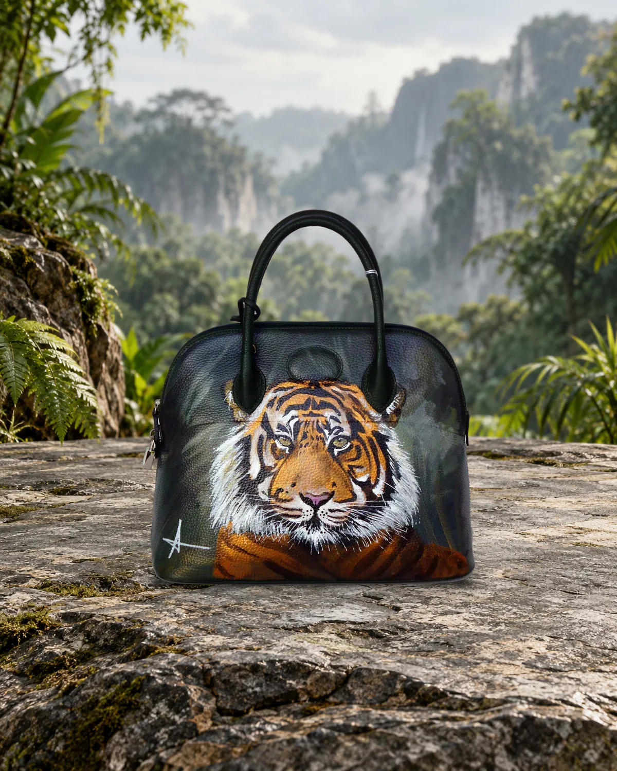 Tiger, schwarze Bowling-Bag, handbemalte Tasche