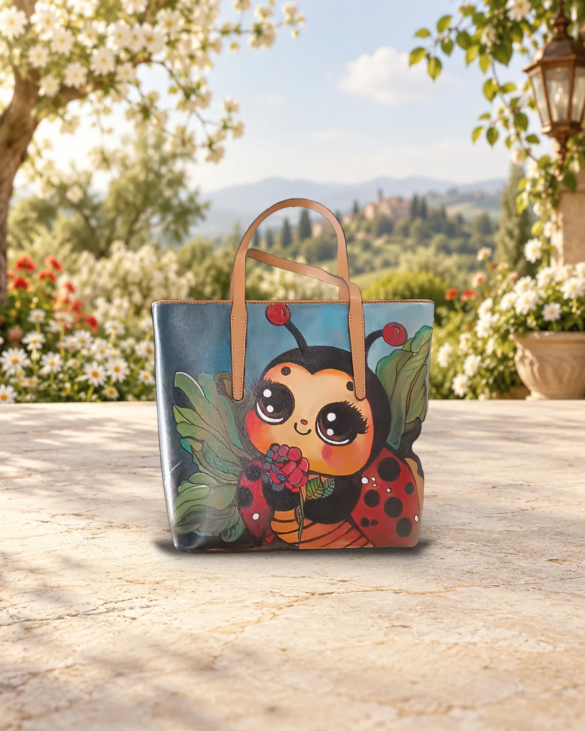 Coccinelle aux grands yeux, sac peint à la main
