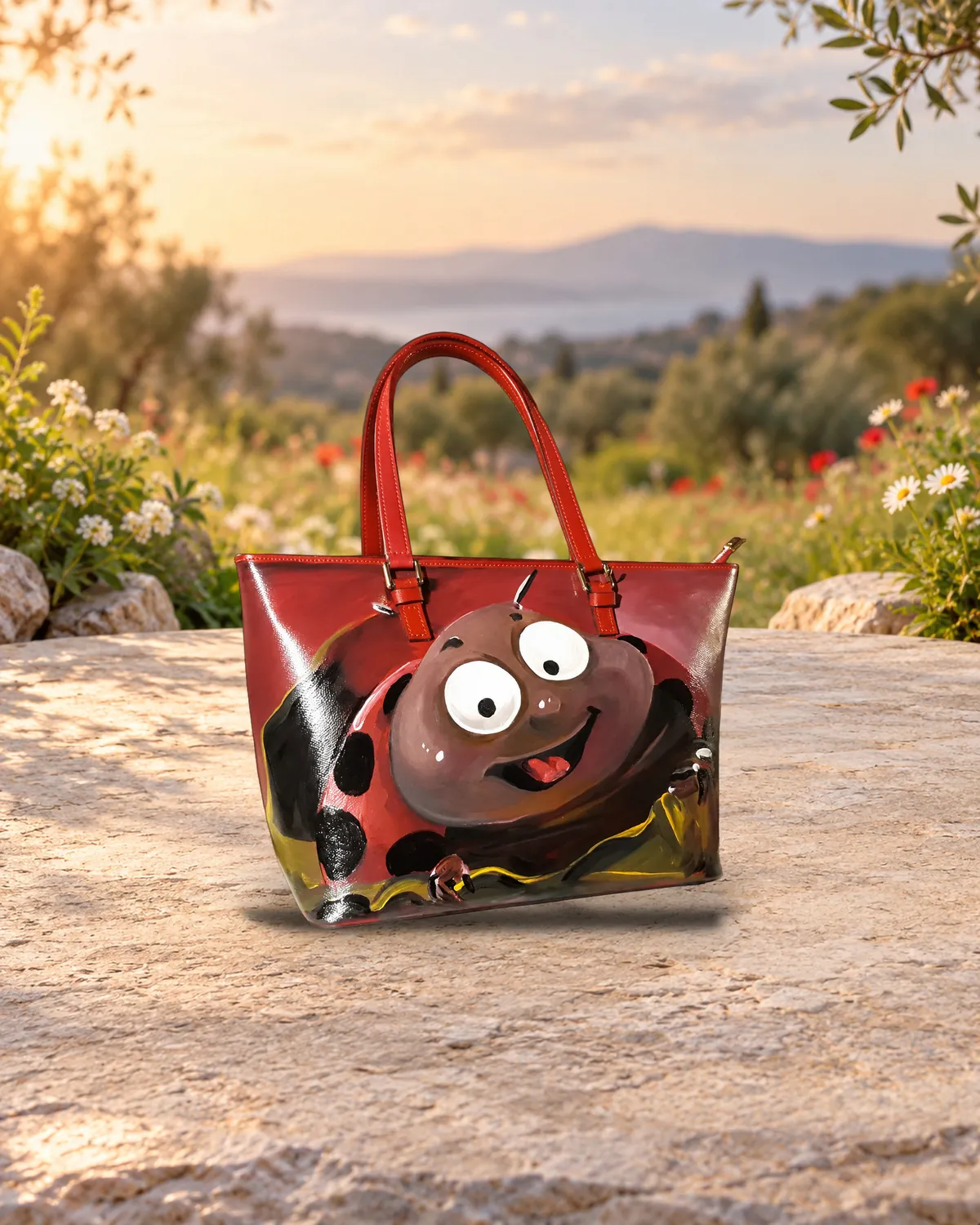 Roter Marienkäfer, handbemalte Tasche