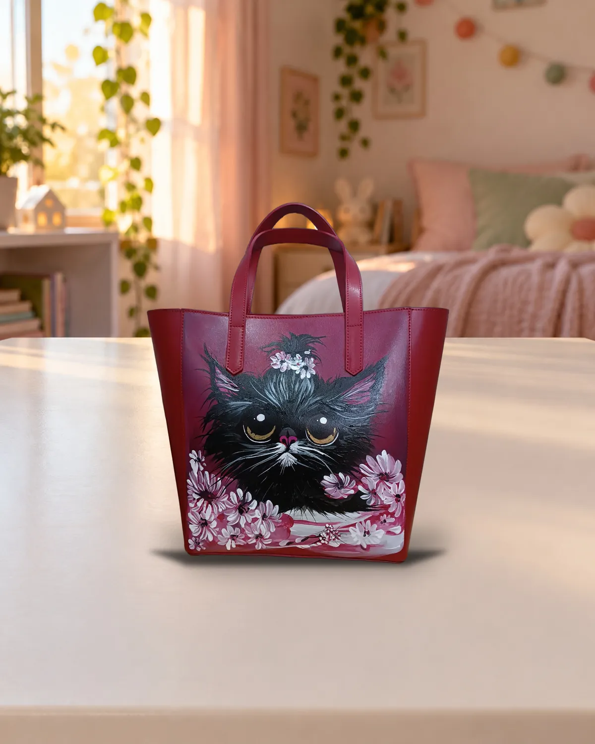 Gattino nero, borsa dipinta a mano