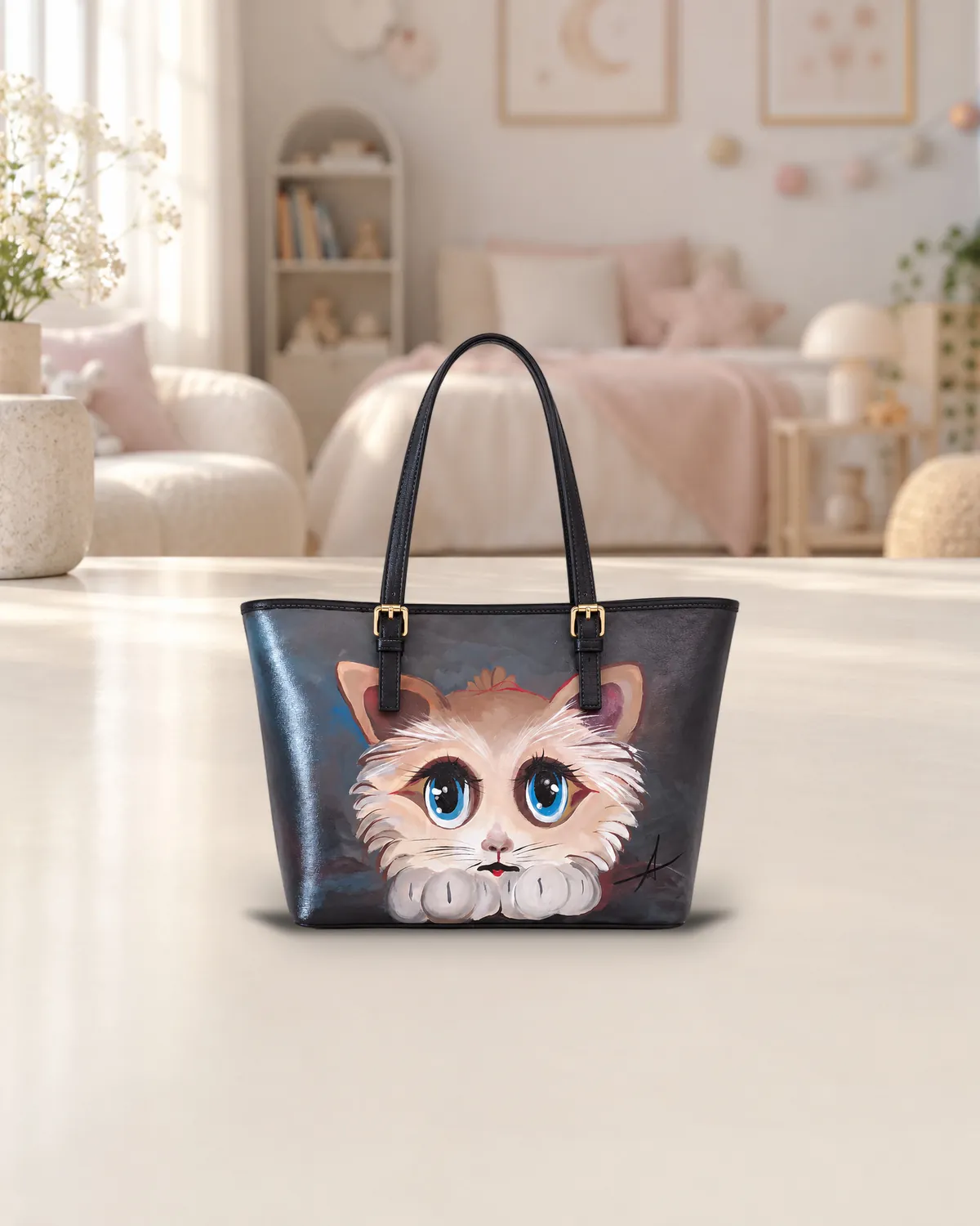 Gatto bianco, borsa dipinta a mano