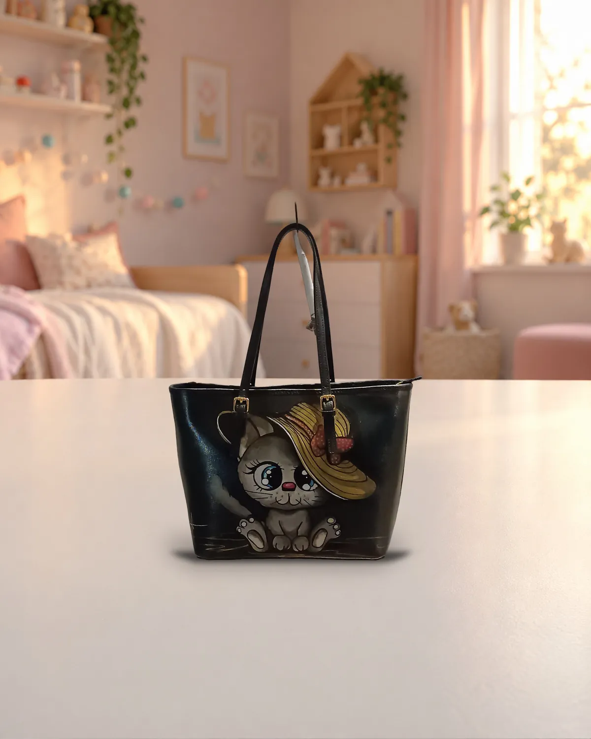 Chat au chapeau, sac peint à la main