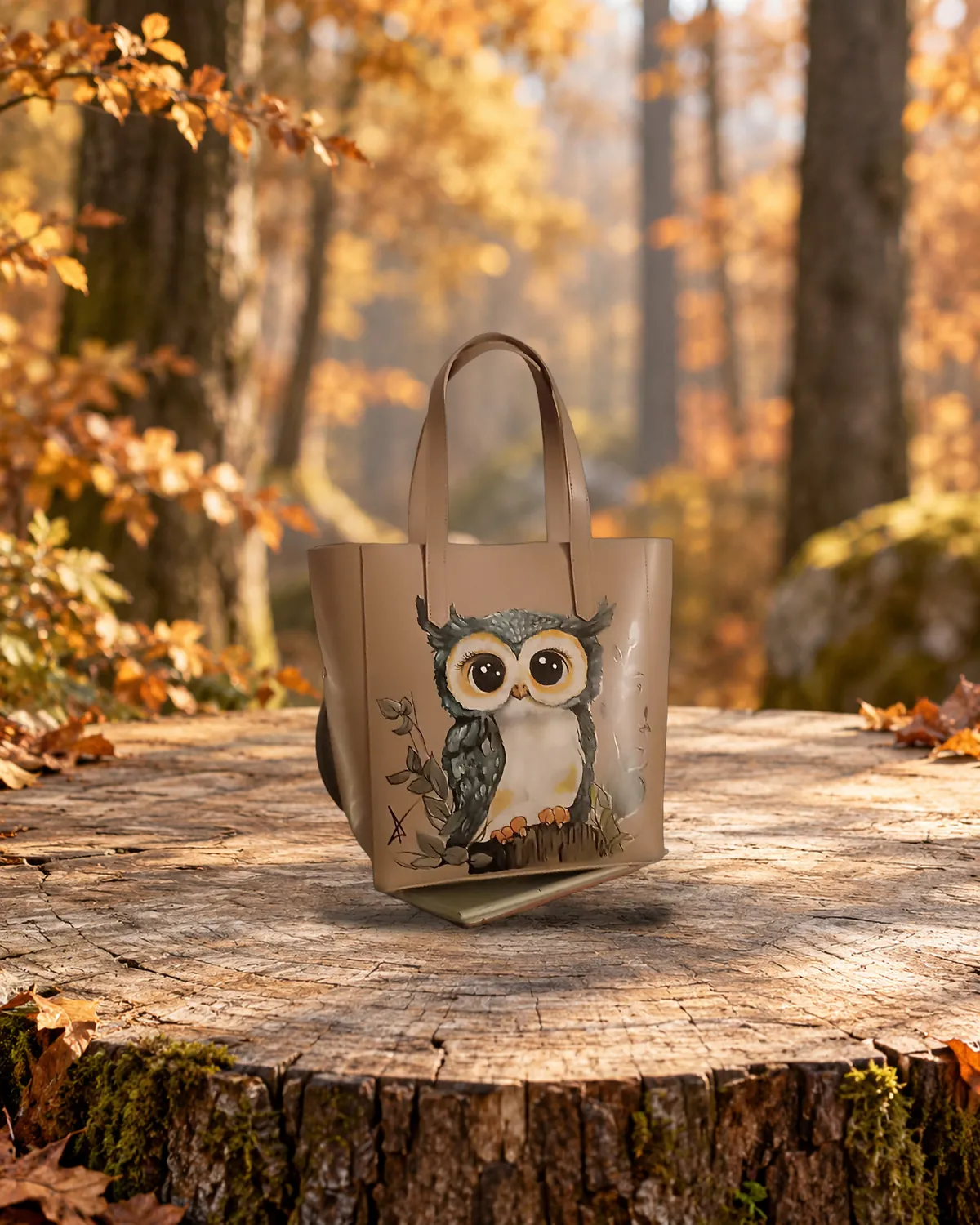 Hibou beige, sac peint à la main