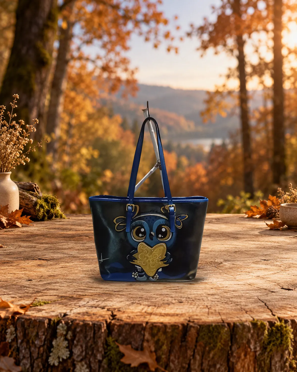 Gufo cuore, borsa dipinta a mano