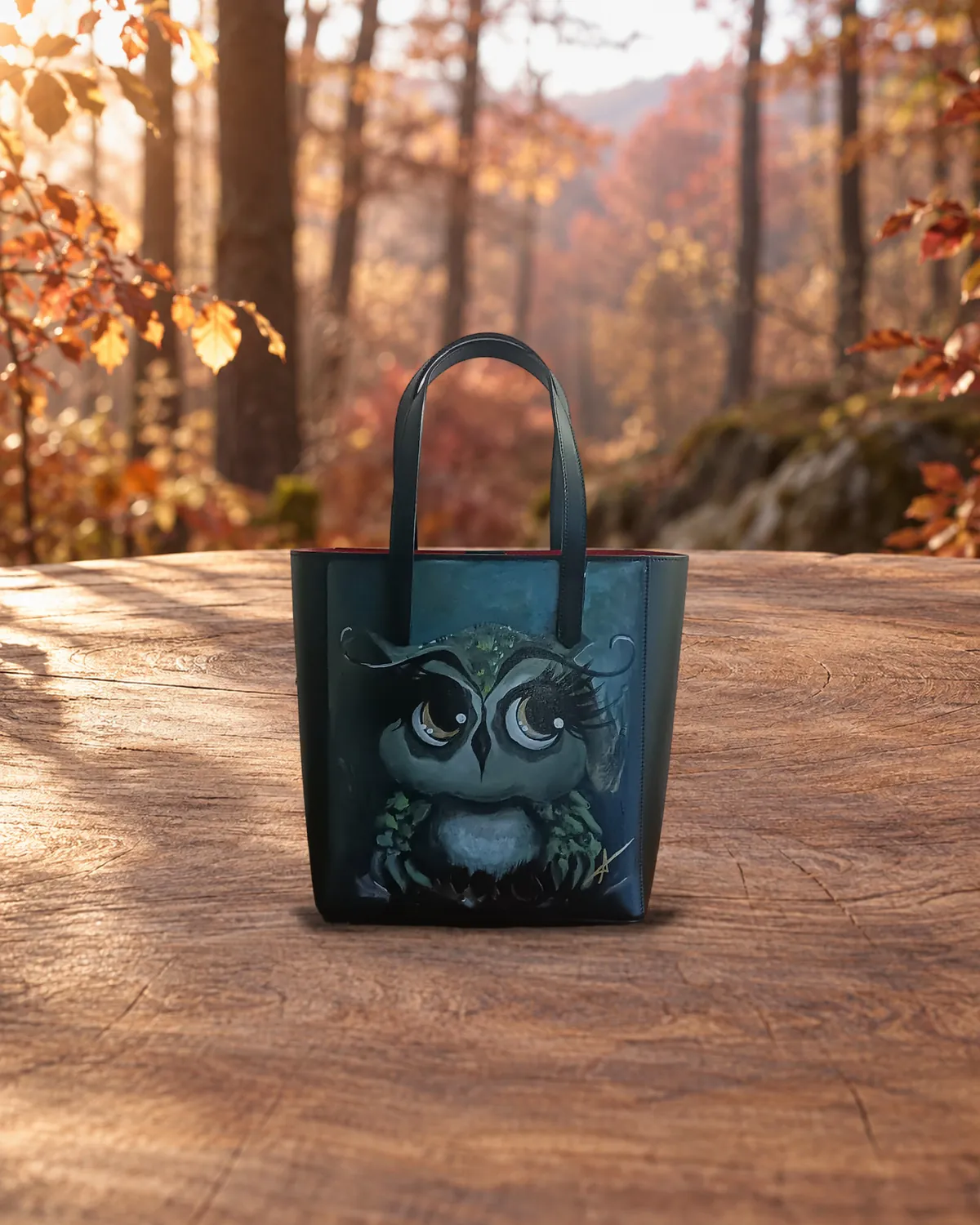 Gufo scuro, borsa dipinta a mano