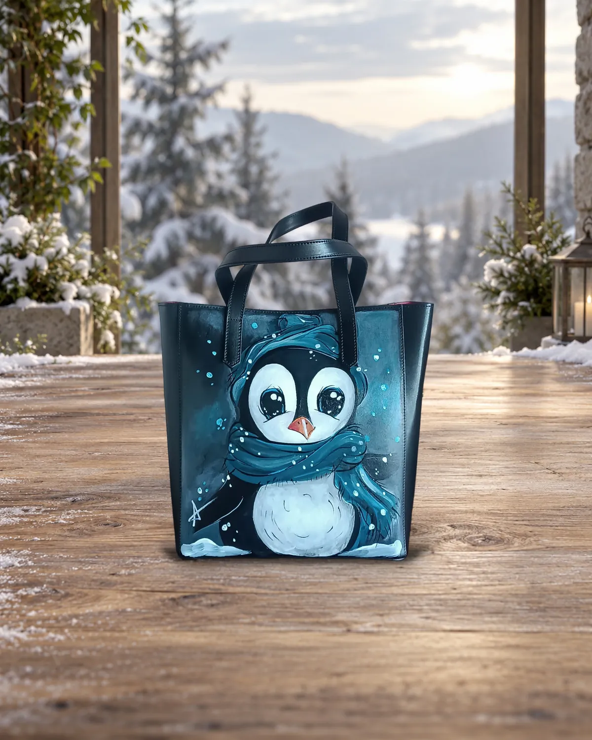 Pinguin mit hellblauem Schal, handbemalte Tasche