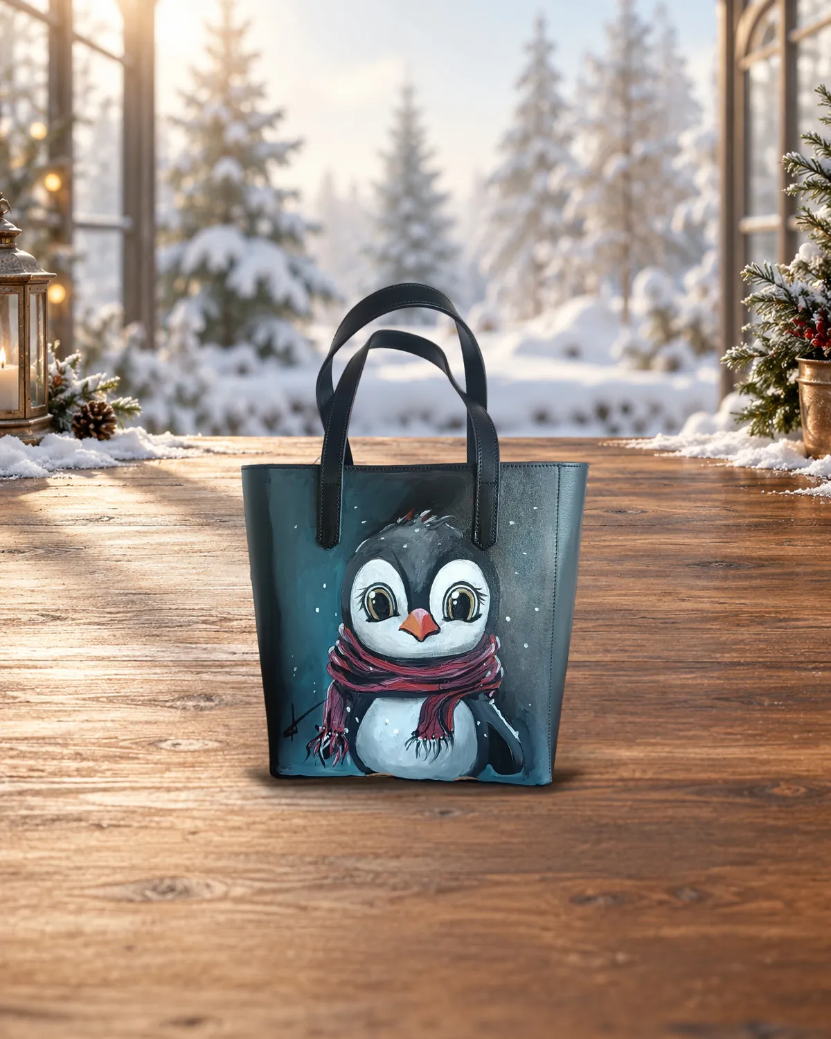 Pinguino sciarpa rossa, borsa dipinta a mano