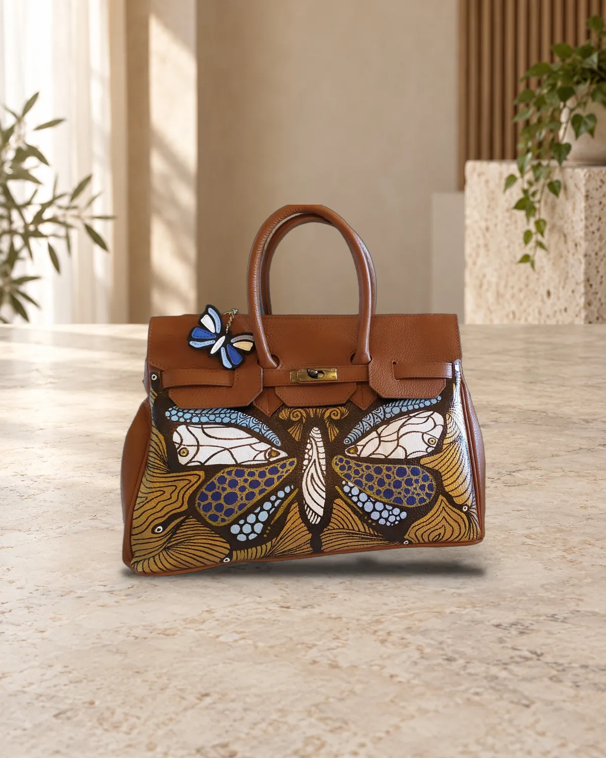 Birkin farfalla marrone, borsa dipinta a mano