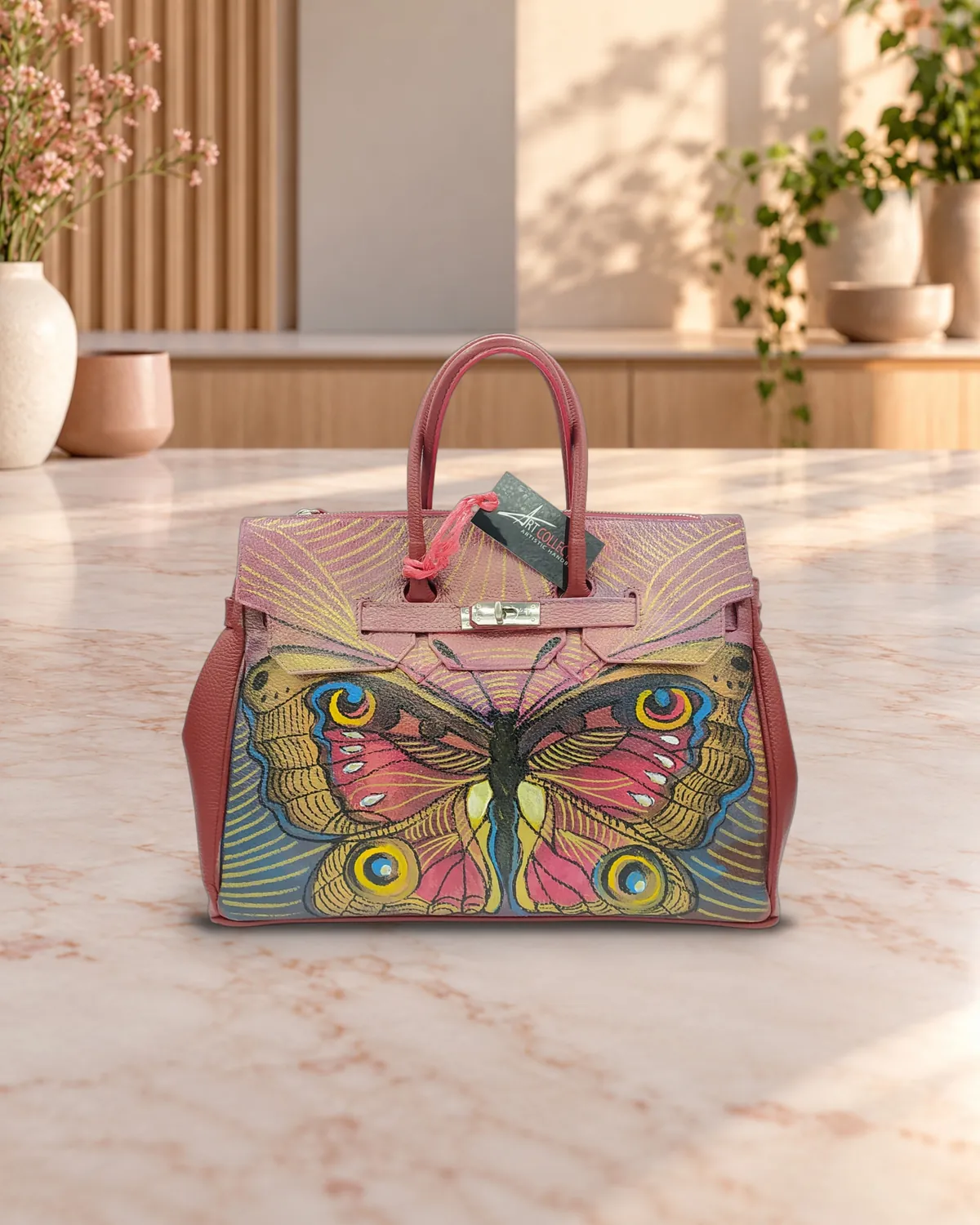 Birkin farfalla rosa, borsa dipinta a mano
