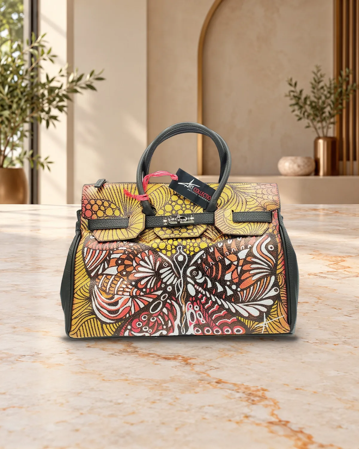 Birkin zentangle arancio, borsa dipinta a mano