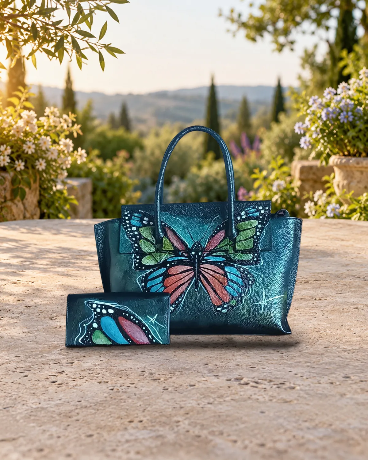 Turquoise butterfly, hand-painted bag