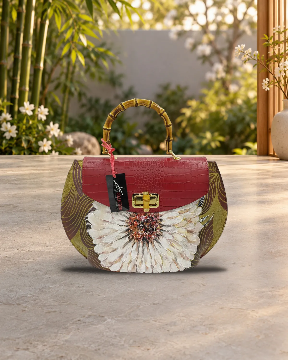 Bambù fiore bianco, borsa dipinta a mano