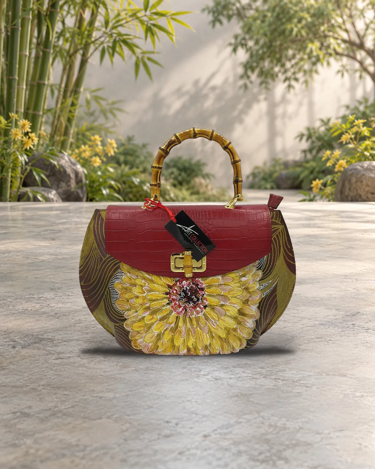 Bambù fiore giallo, borsa dipinta a mano