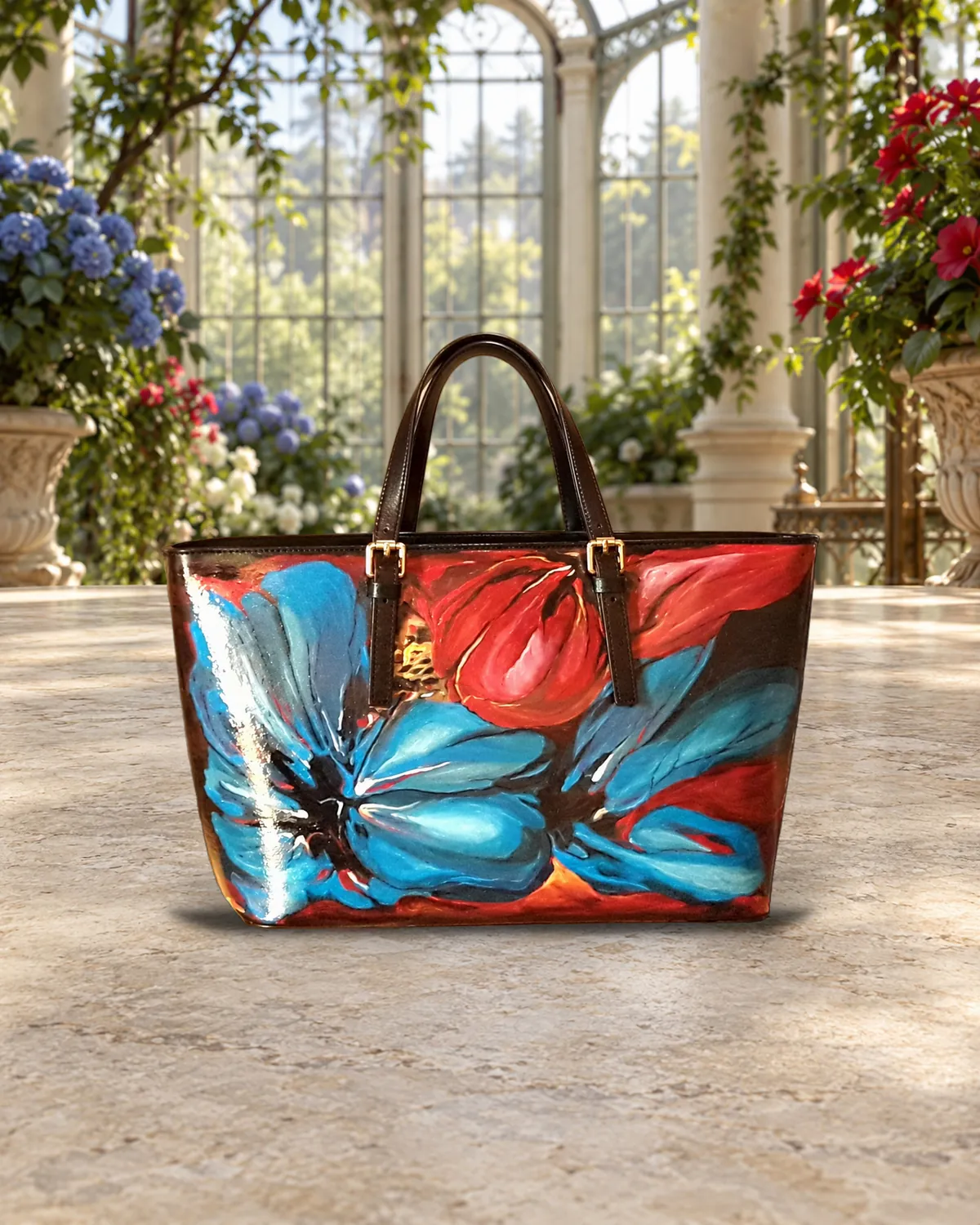 Fiore blu rosso, borsa dipinta a mano