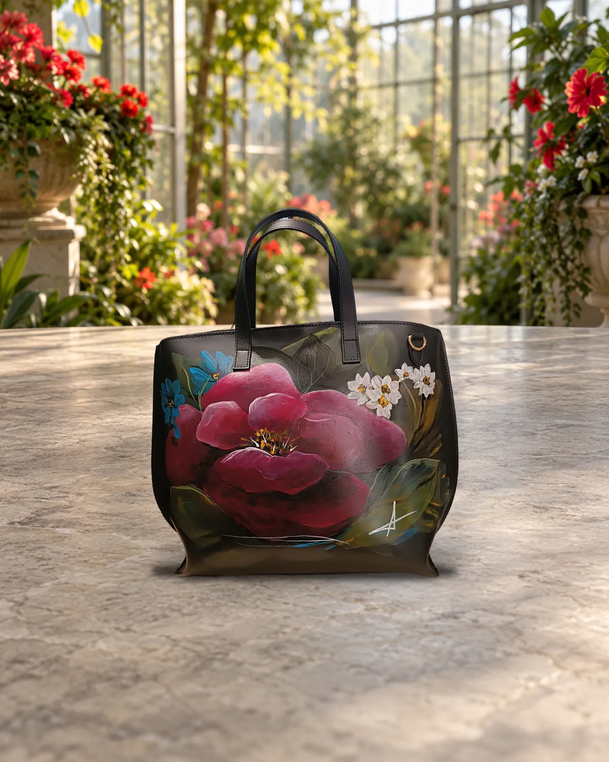Fiore rosso, borsa dipinta a mano