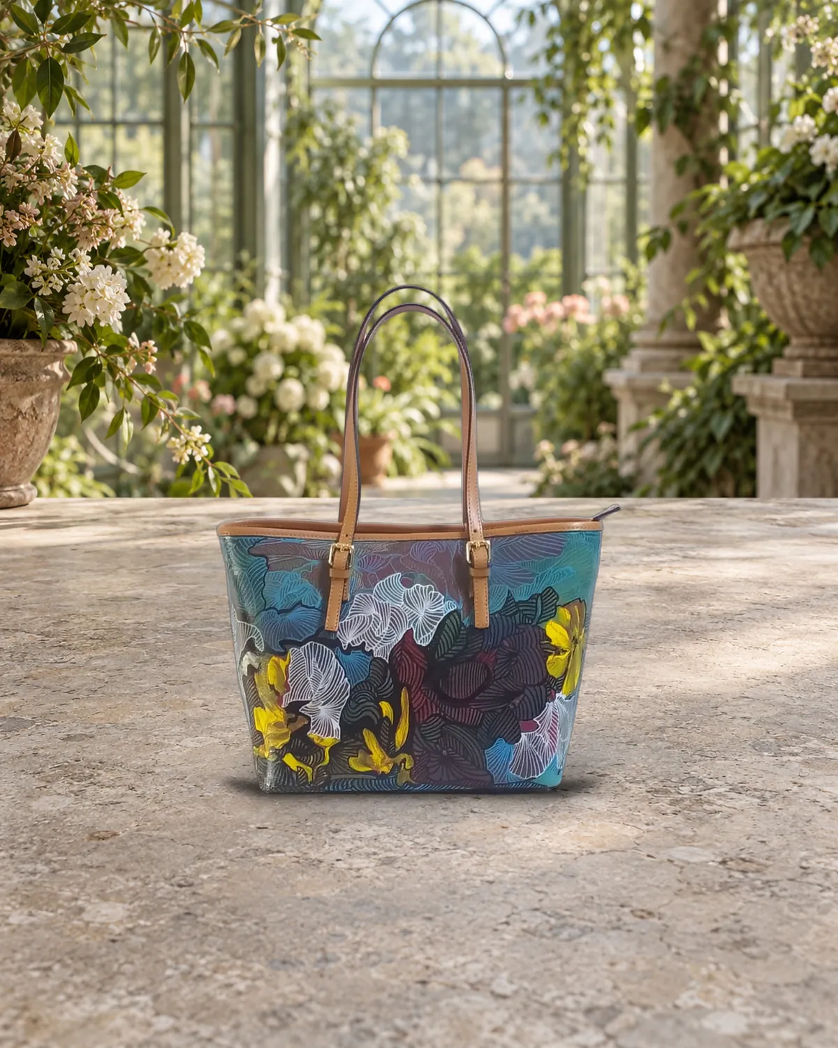 Blumen, Shopper aus Naturleder, handbemalte Tasche