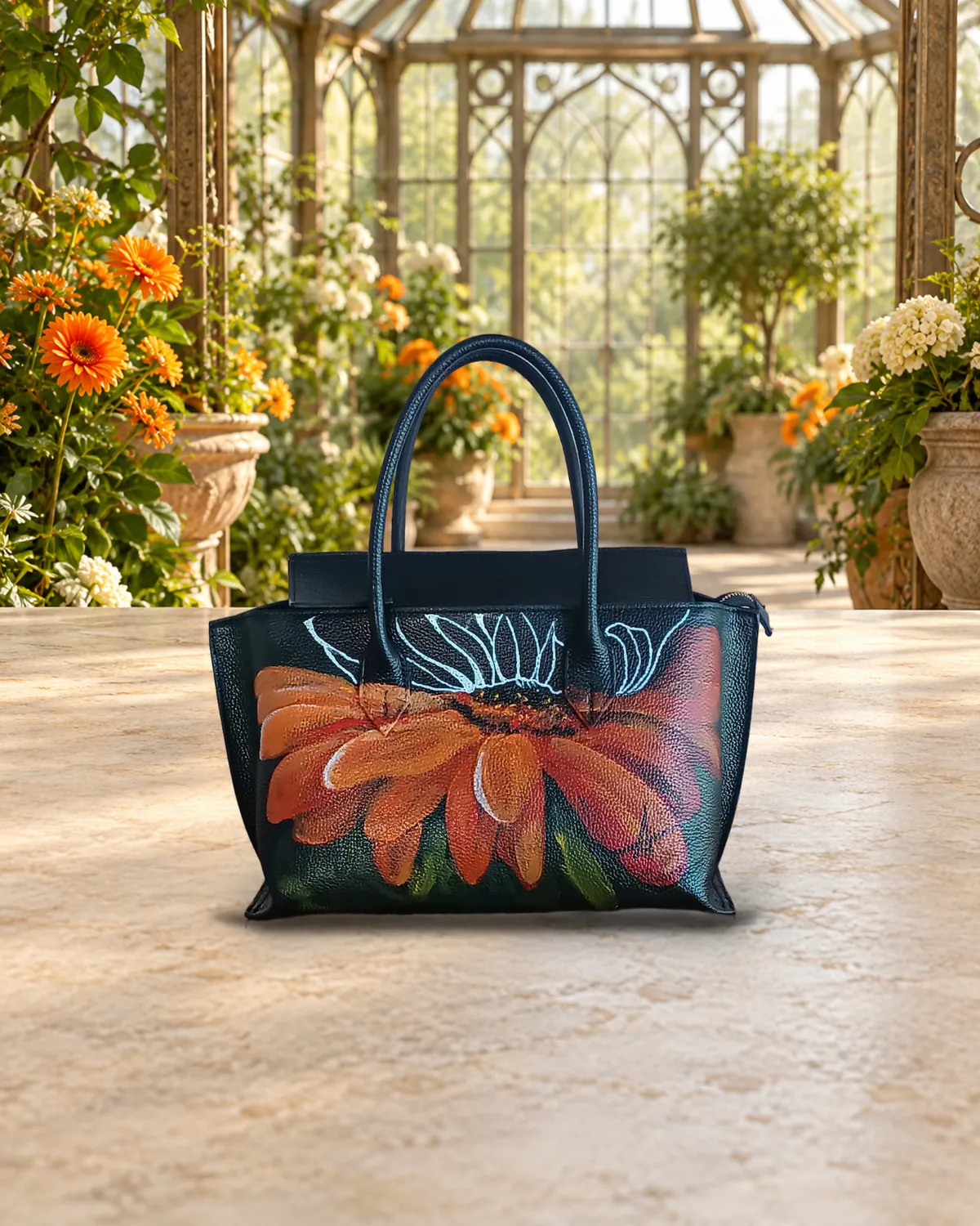 Gerbera arancio, borsa dipinta a mano