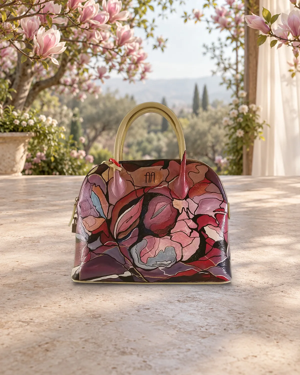 Magnolia rosa I, borsa dipinta a mano