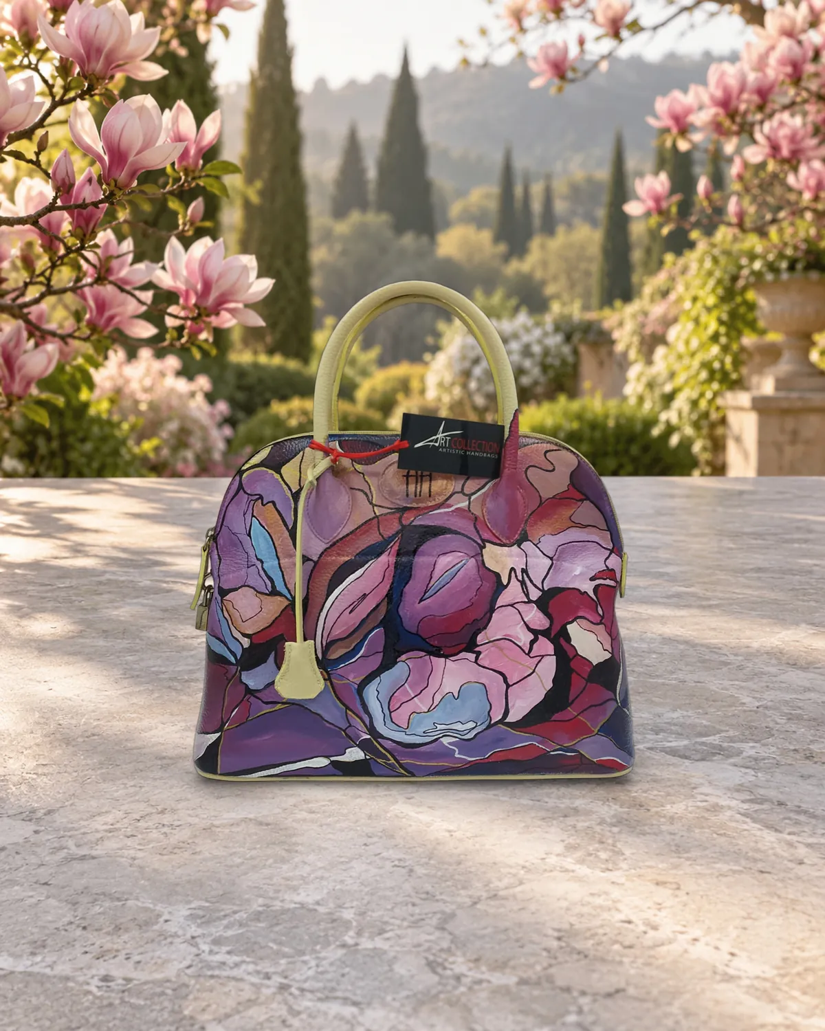 Magnolia rosa II, borsa dipinta a mano