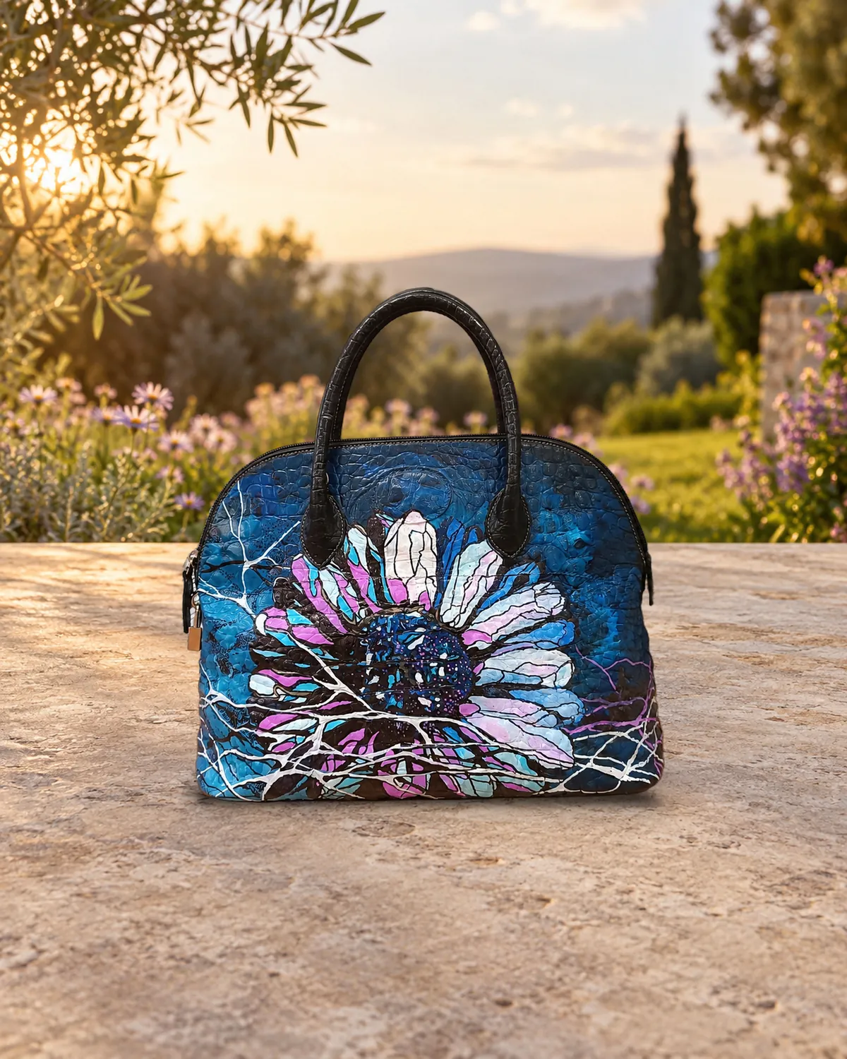 Margarita morada, bolso pintado a mano