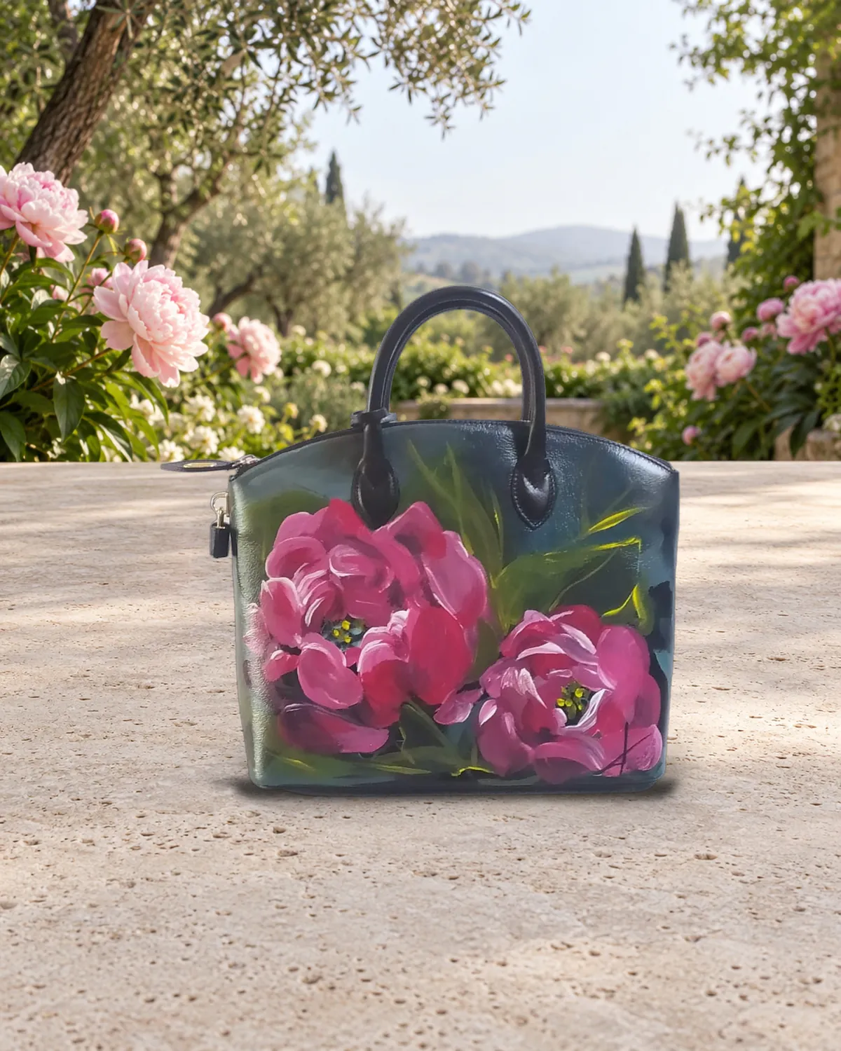 Peonie, borsa dipinta a mano