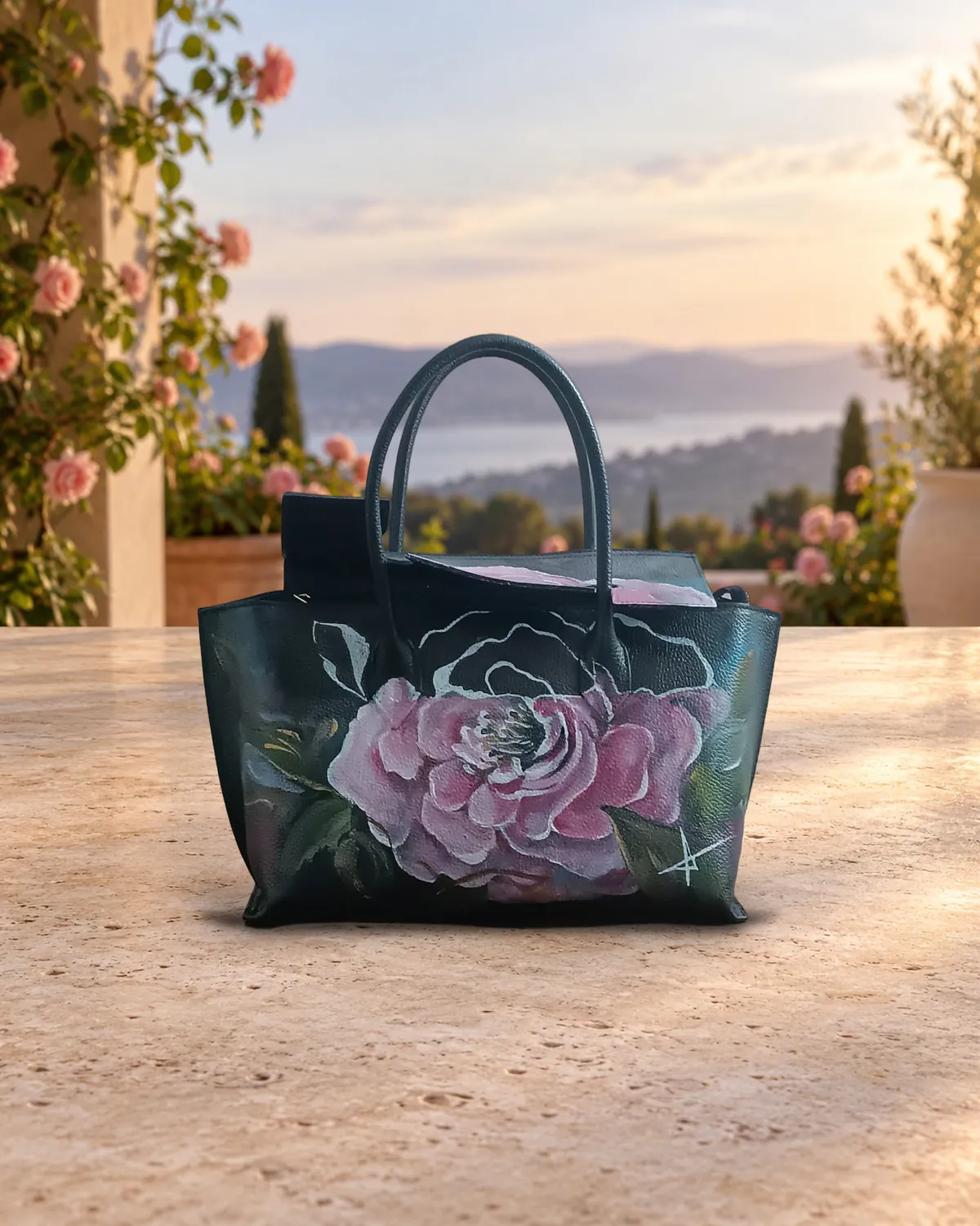 Rosa ali, borsa dipinta a mano