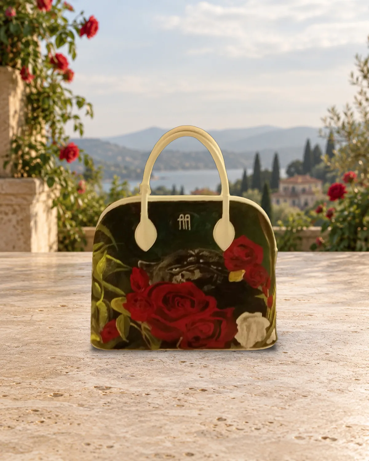 Rosa rossa, borsa dipinta a mano