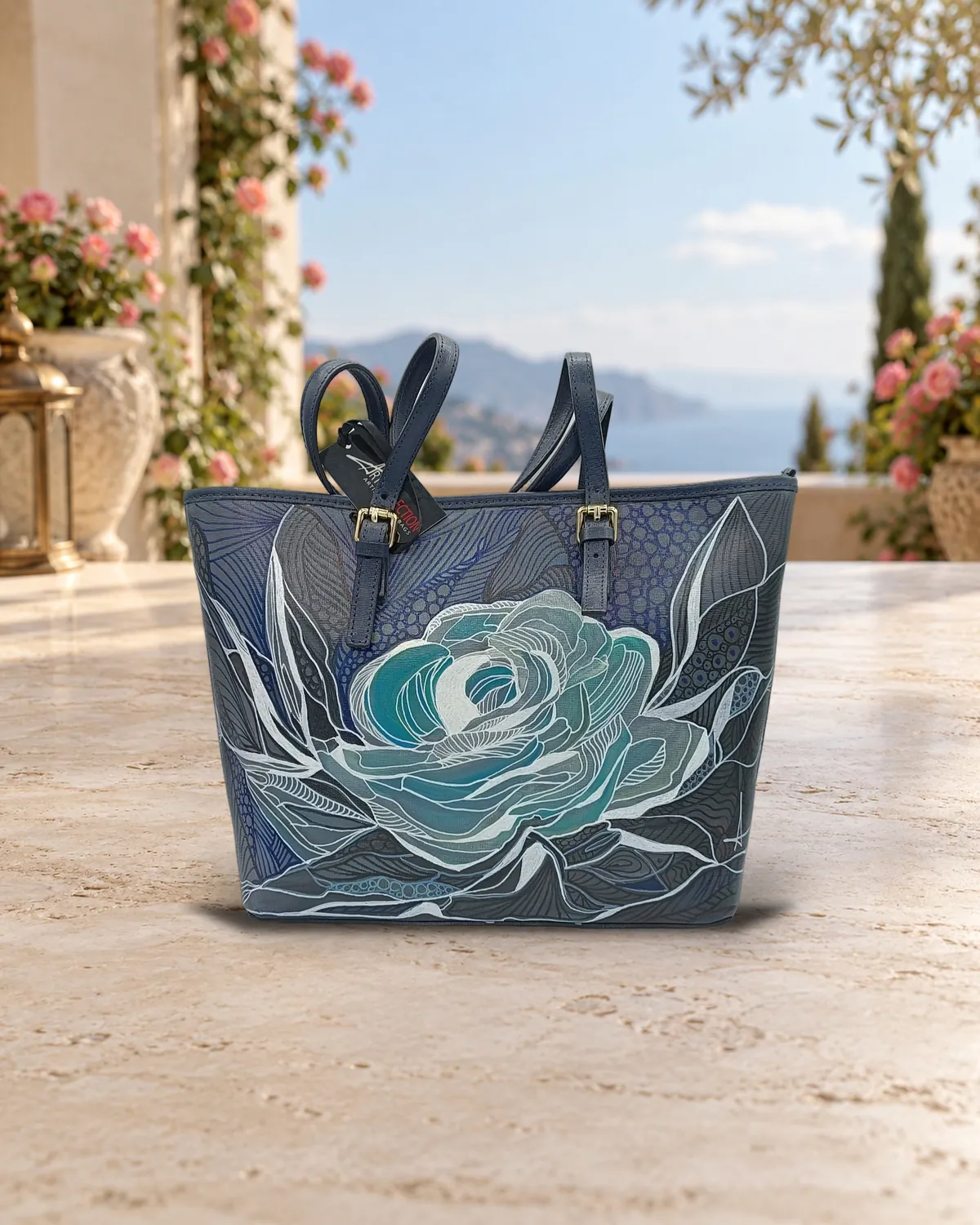 Rosa turchese, borsa dipinta a mano