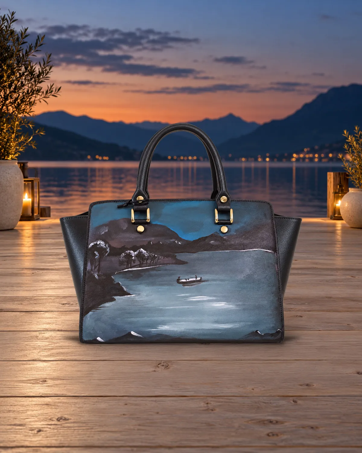 Lake at night, hand-painted bag