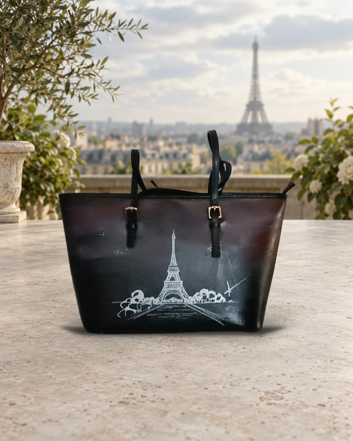 Parigi tote nera, borsa dipinta a mano