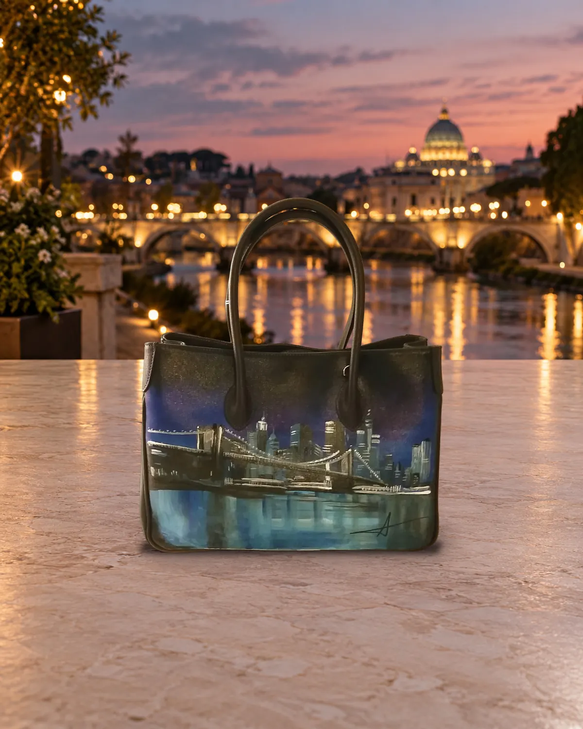 Skyline de nuit, sac peint à la main