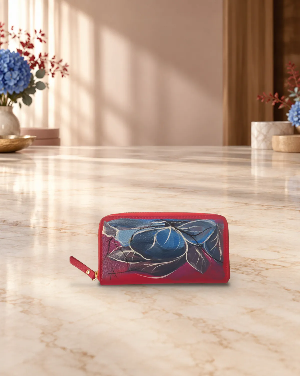 Fiore blu rosso, borsa dipinta a mano