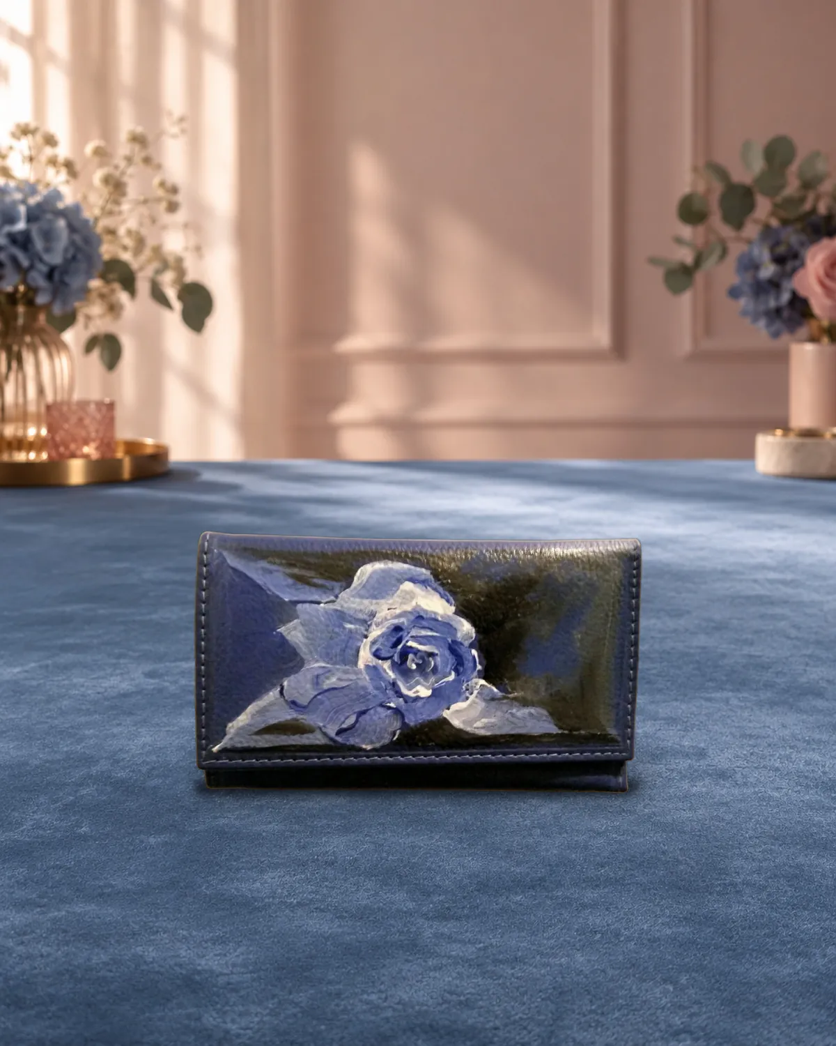 Rosa blu, borsa dipinta a mano