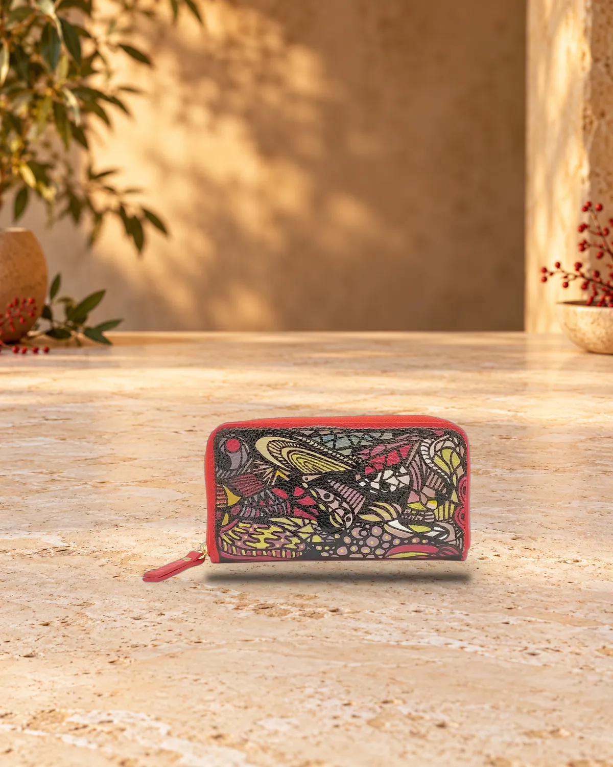 Red zentangle wallet, hand-painted bag