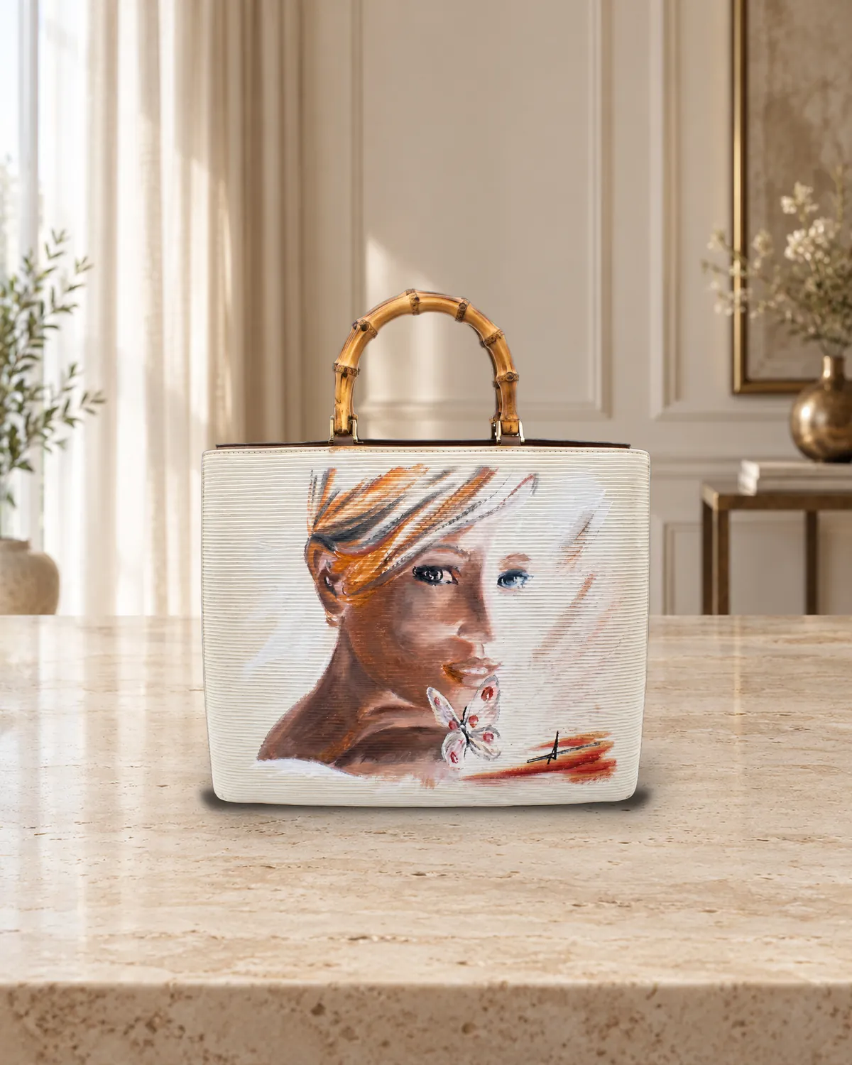 Blonde with butterfly, hand-painted bag