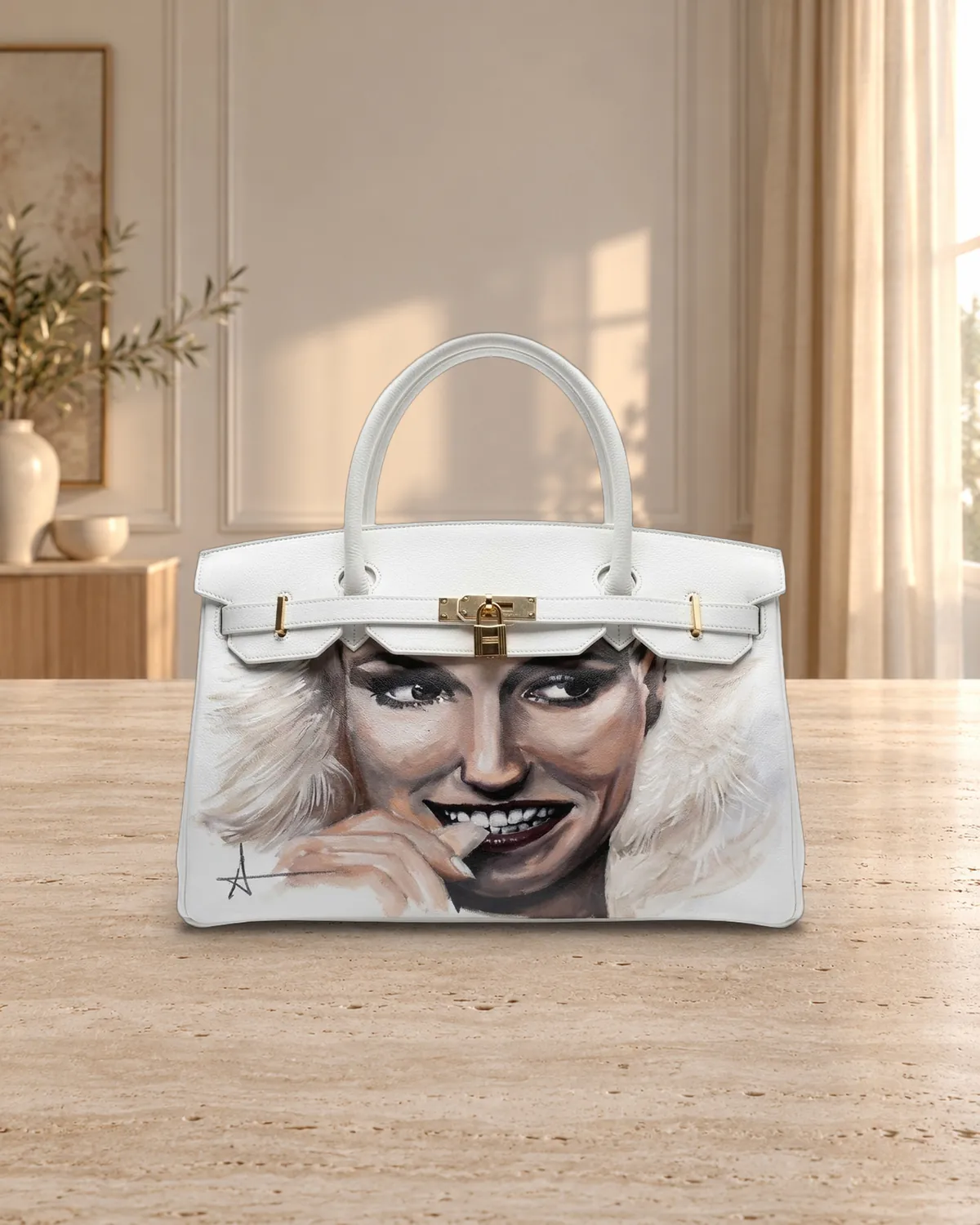 Birkin bianca ghigno, borsa dipinta a mano