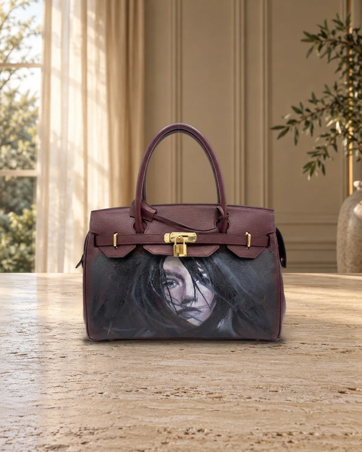 Birkin, Gesicht hinter Haaren, handbemalte Tasche