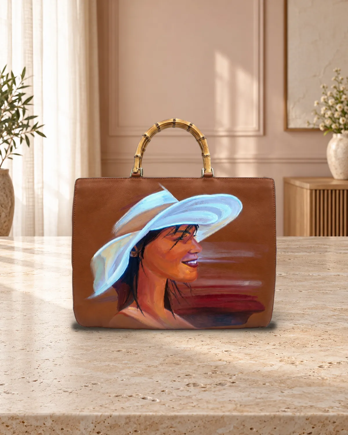 Chapeau blanc, sac peint à la main
