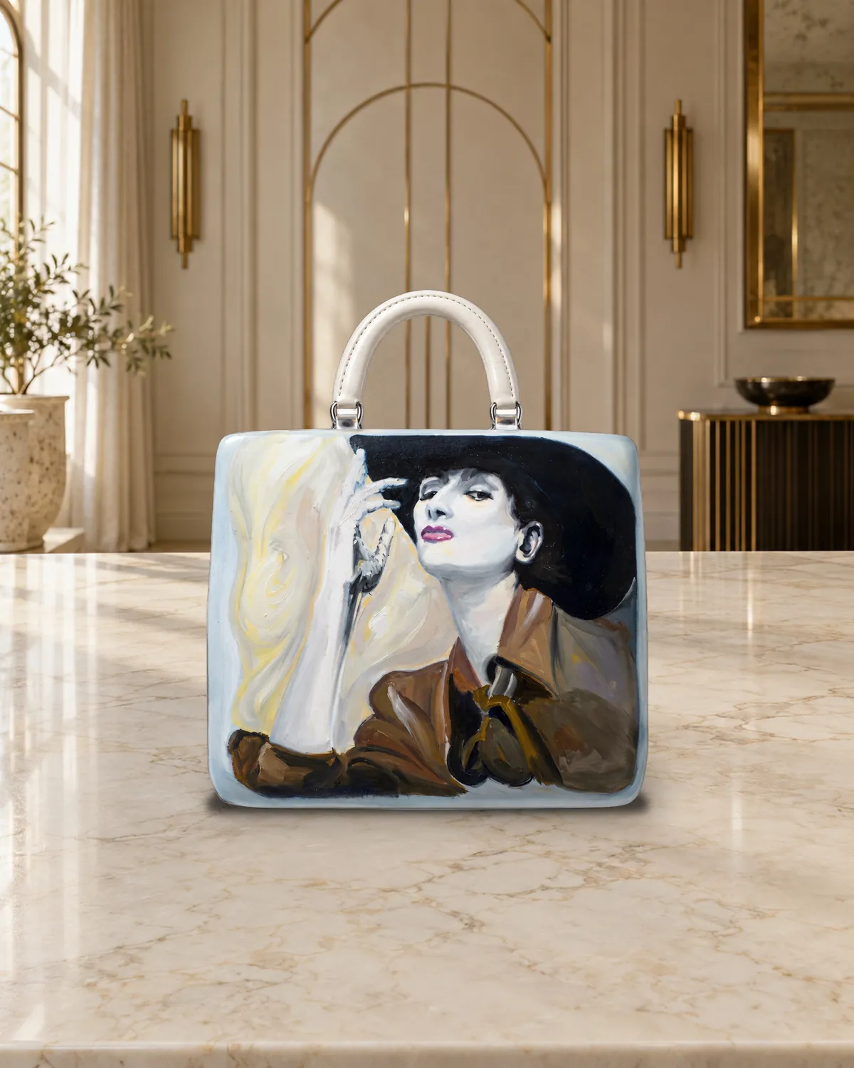 Cappello nero, borsa dipinta a mano