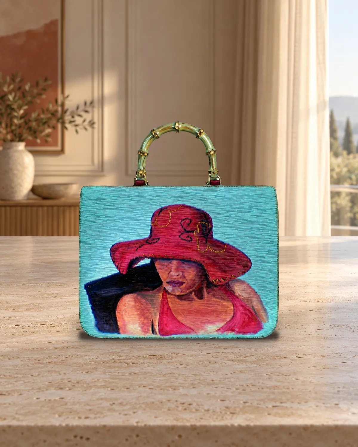 Red hat, hand-painted bag