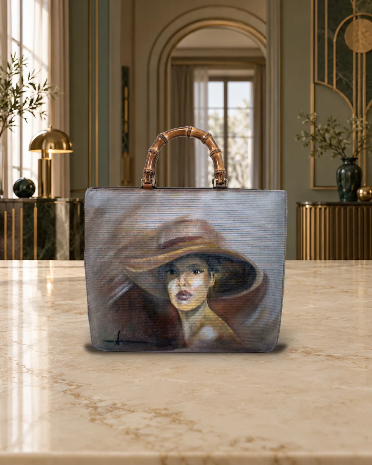 Sepia hat, hand-painted bag