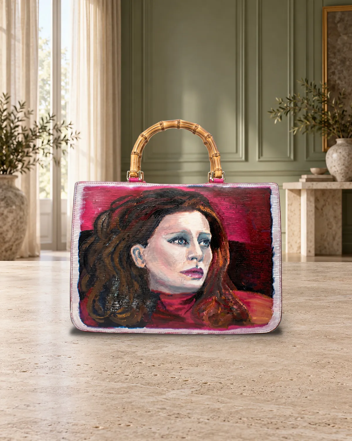 Red-haired woman, hand-painted bag