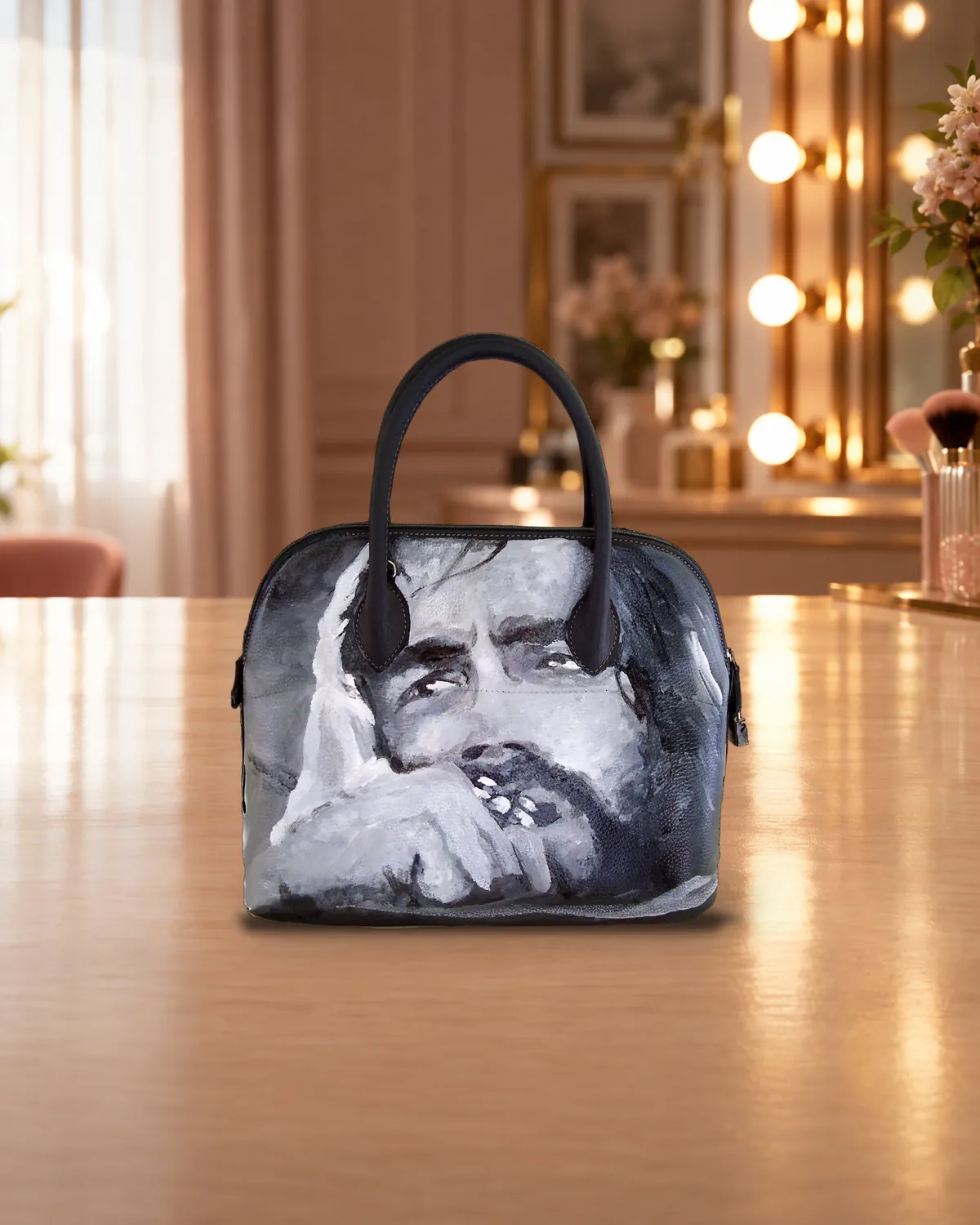 Homme en noir et blanc, sac peint à la main